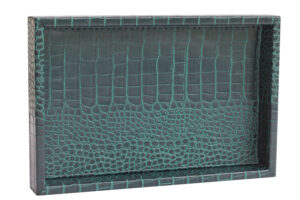 Küçük Boy Mat Koyu Yeşil Krokodil Desen Suni Deri Tepsi